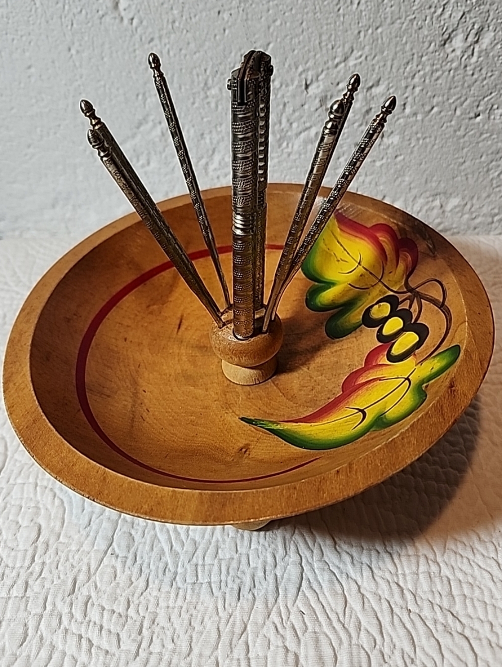 Vintage hand-painted footed wooden nut bowl with nutcracker & six metal picks.